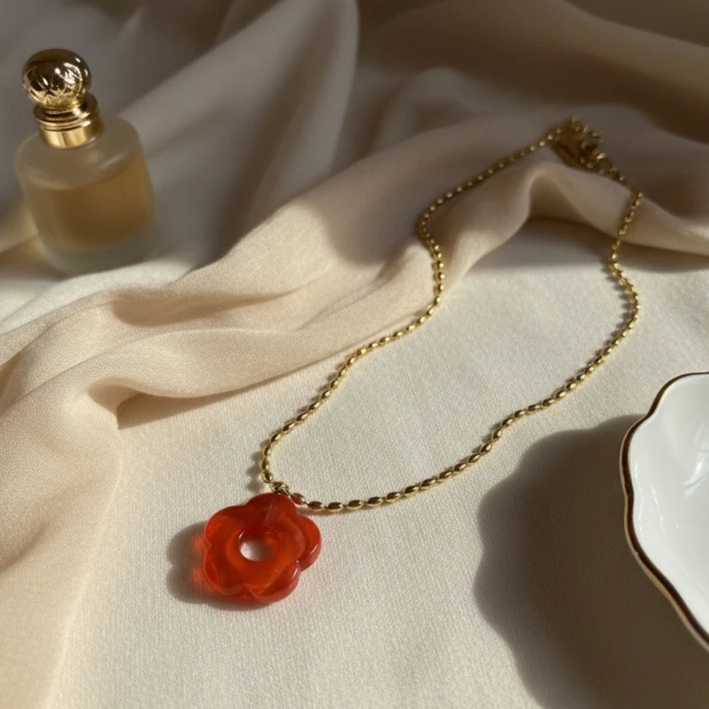 Gold Necklace with Terracotta Flower Pendant